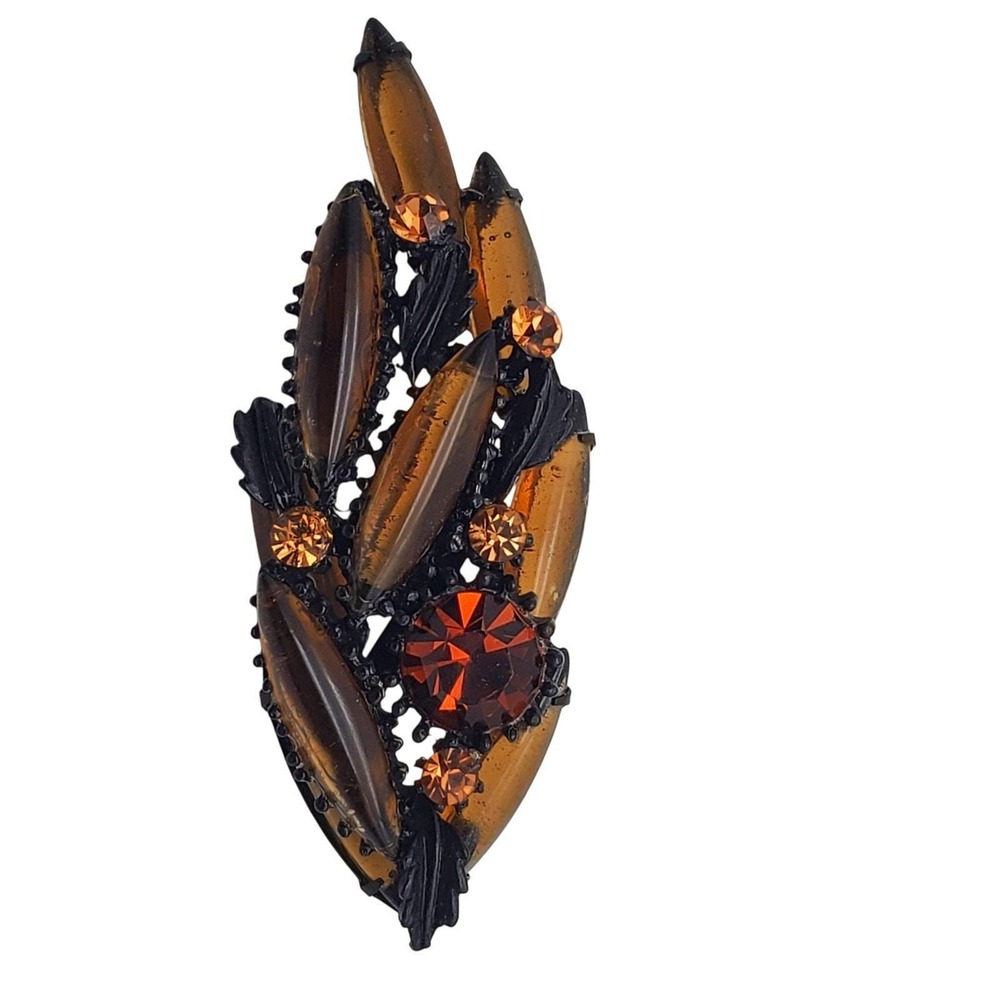 Brown Glass Japanned Brooch Navettes Rhinestone‎ Leaf Pin Golden Vintage Autumn